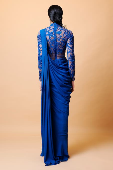 Buy_Vivek Patel_Blue Georgette Embroidery, Sequins, Beads Teal Resham Embellished Saree Gown _Online_at_Aza_Fashions