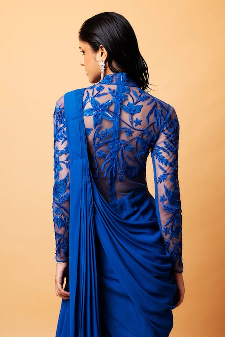 Shop_Vivek Patel_Blue Georgette Embroidery, Sequins, Beads Teal Resham Embellished Saree Gown _Online_at_Aza_Fashions