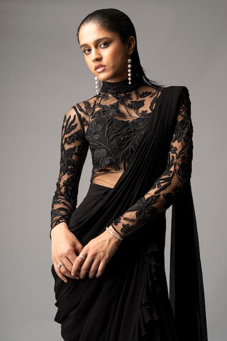 Vivek Patel_Black Georgette Sequins, Beads, Embroidery Resham Embellished Yoke Saree Gown _Online_at_Aza_Fashions