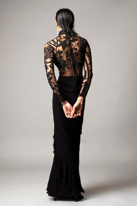 Shop_Vivek Patel_Black Georgette Sequins, Beads, Embroidery Resham Embellished Yoke Saree Gown _Online_at_Aza_Fashions