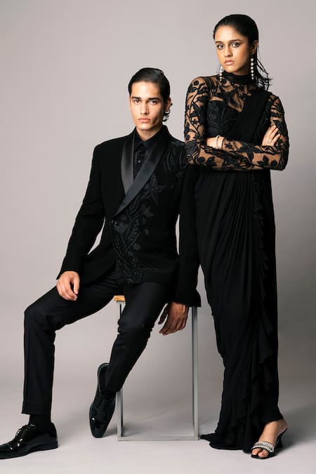 Buy_Vivek Patel_Black Georgette Sequins, Beads, Embroidery Resham Embellished Yoke Saree Gown 