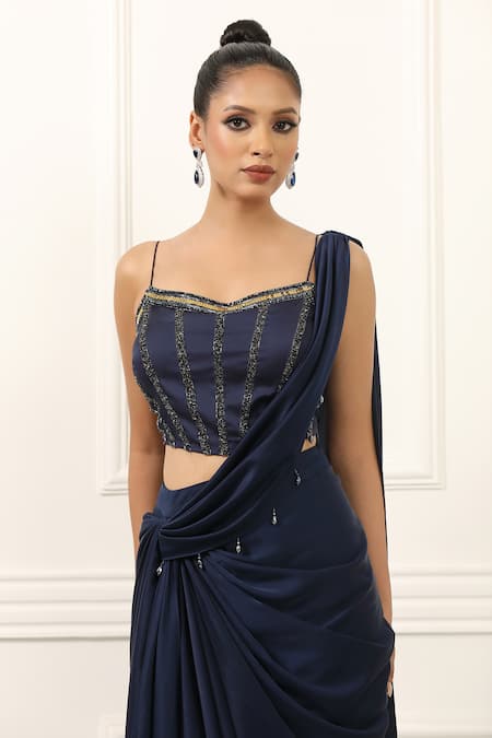 Omal Sindwani_Navy Satin, Net Beads, Metallic Midnight Blue Dusk Pre-draped Saree With Blouse _Online_at_Aza_Fashions