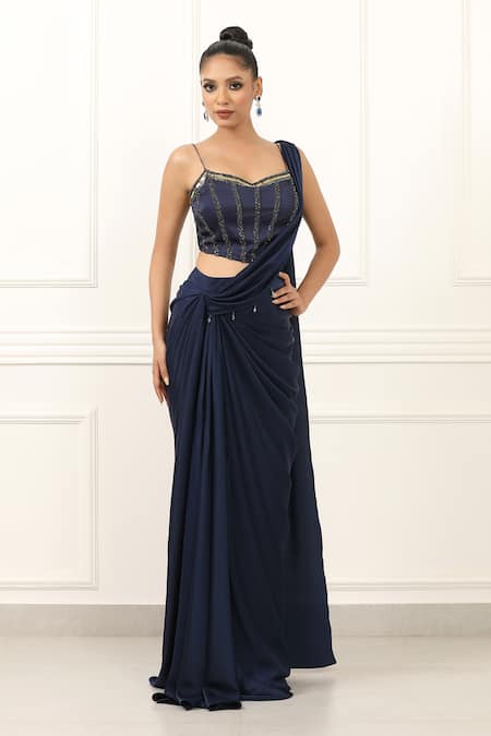 Omal Sindwani Midnight Blue Dusk Pre-Draped Saree With Blouse 