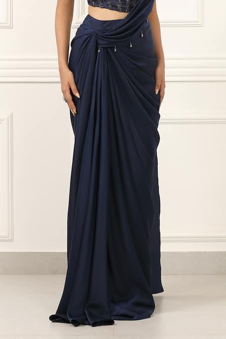 Shop_Omal Sindwani_Navy Satin, Net Beads, Metallic Midnight Blue Dusk Pre-draped Saree With Blouse _Online_at_Aza_Fashions