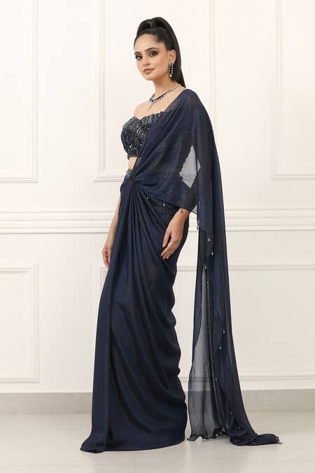 Omal Sindwani_Navy Georgette Metallic Thread, Starlight Symphony Draped Saree With Blouse _Online_at_Aza_Fashions