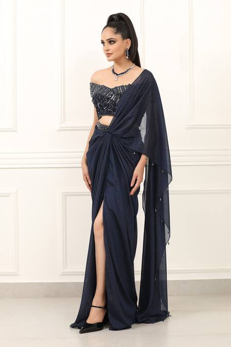 Buy_Omal Sindwani_Navy Georgette Metallic Thread, Starlight Symphony Draped Saree With Blouse _Online_at_Aza_Fashions