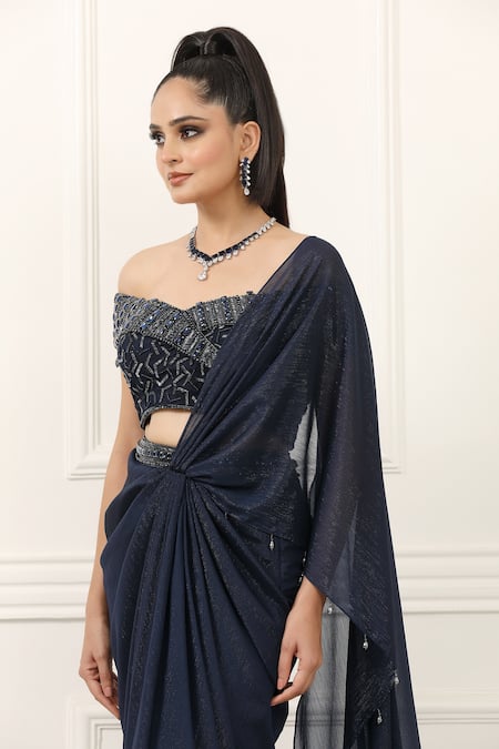 Shop_Omal Sindwani_Navy Georgette Metallic Thread, Starlight Symphony Draped Saree With Blouse _Online_at_Aza_Fashions