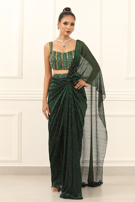 Omal Sindwani_Emerald Green Crepe Sequins, Beads Square Neck, Luxe Draped Saree With Blouse _Online_at_Aza_Fashions