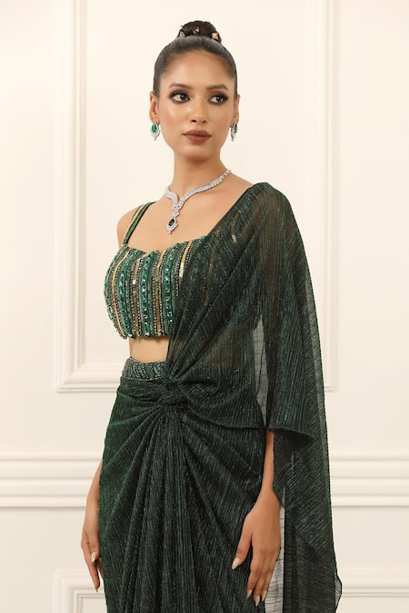 Buy_Omal Sindwani_Emerald Green Crepe Sequins, Beads Square Neck, Luxe Draped Saree With Blouse _Online_at_Aza_Fashions