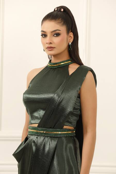Buy_Omal Sindwani_Emerald Green Satin Beads, Sequins High Neck Royal Draped Saree With Blouse _Online_at_Aza_Fashions