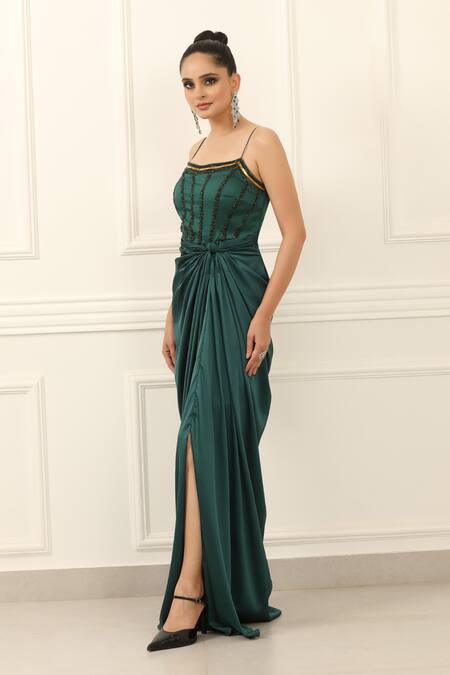 Omal Sindwani_Emerald Green Satin Beads, Metallic Thread Sweetheart Neck Siren Gown _Online_at_Aza_Fashions
