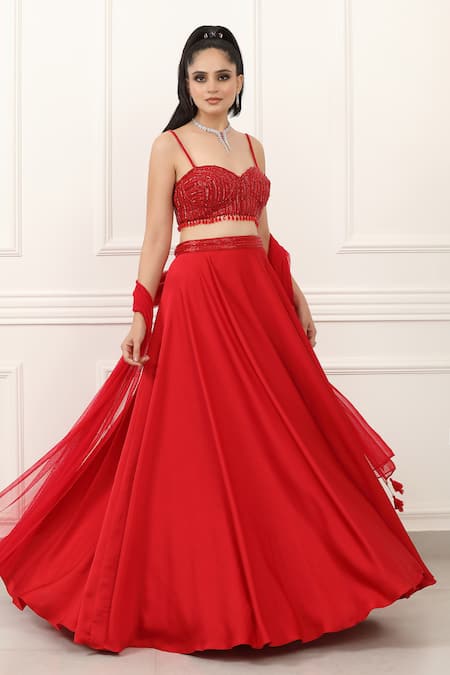 Omal Sindwani_Red Satin, Net Beads, Sequins, Tassels Sweetheart Neck Scarlet Flame Lehenga Set _Online_at_Aza_Fashions