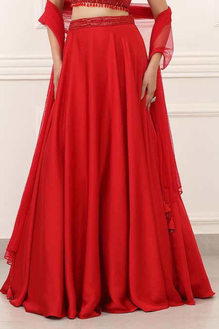 Shop_Omal Sindwani_Red Satin, Net Beads, Sequins, Tassels Sweetheart Neck Scarlet Flame Lehenga Set _Online_at_Aza_Fashions