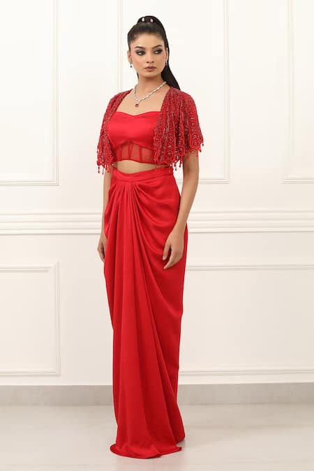 Omal Sindwani Scarlet Luxe Cape & Draped Skirt Set 