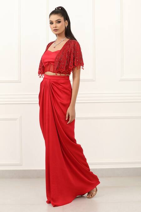 Omal Sindwani_Red Satin Sequins, Beads Open Neck, Scarlet Luxe Cape And Draped Skirt Set _Online_at_Aza_Fashions