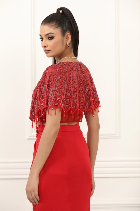 Omal Sindwani Scarlet Luxe Cape & Draped Skirt Set 