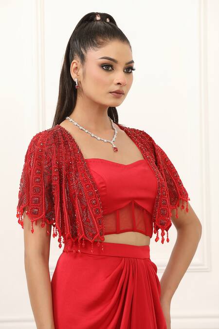 Buy_Omal Sindwani_Red Satin Sequins, Beads Open Neck, Scarlet Luxe Cape And Draped Skirt Set _Online_at_Aza_Fashions
