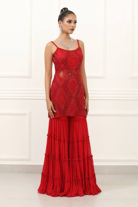 Omal Sindwani_Red Georgette Embroidery, Cut Work Scoop Neck Scarlet Royale Kurta Gharara Set _Online_at_Aza_Fashions