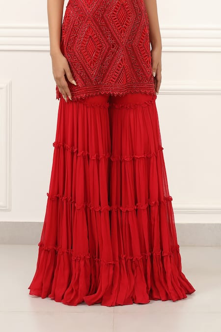 Buy_Omal Sindwani_Red Georgette Embroidery, Cut Work Scoop Neck Scarlet Royale Kurta Gharara Set _Online_at_Aza_Fashions