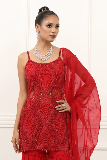 Shop_Omal Sindwani_Red Georgette Embroidery, Cut Work Scoop Neck Scarlet Royale Kurta Gharara Set _Online_at_Aza_Fashions