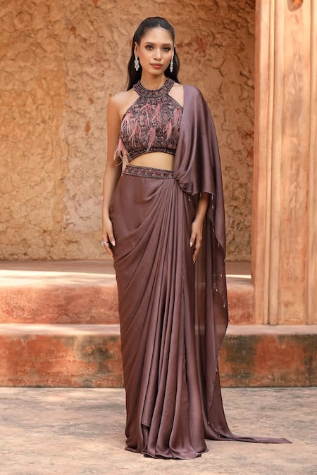 Buy_Omal Sindwani_Mauve Satin Beads, Feathers, Embroidery Dusky Desire Draped Saree With Blouse _Online_at_Aza_Fashions