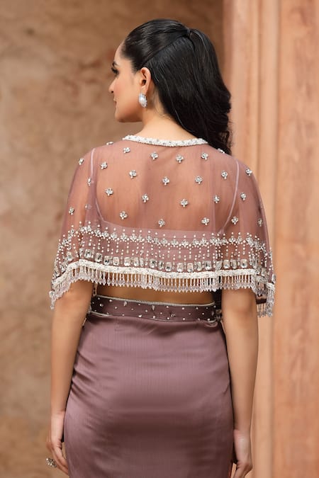 Omal Sindwani_Mauve Satin Sequins, Beads Round Neck Dusky Enchant Cape Skirt Set _Online_at_Aza_Fashions