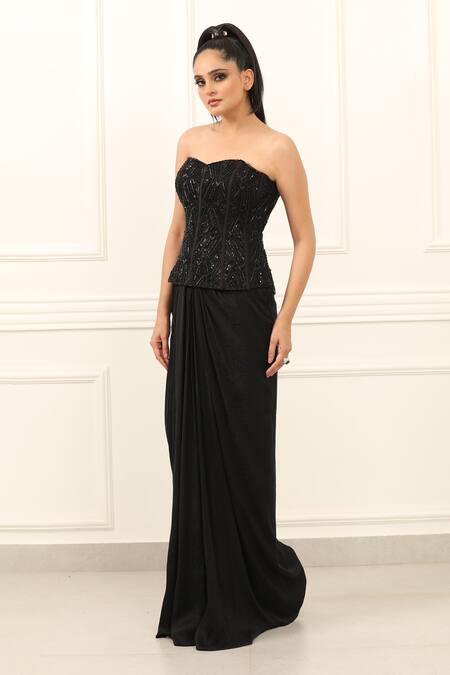 Buy_Omal Sindwani_Black Satin Sequins Sweetheart Neck Dark Siren Corset And Skirt Set _Online_at_Aza_Fashions