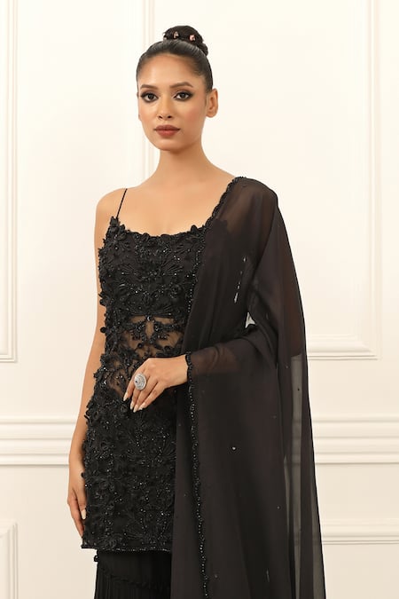 Omal Sindwani_Black Georgette Embroidery, Beads Scoop Neck Noir Luxe Kurta Gharara Set _Online_at_Aza_Fashions