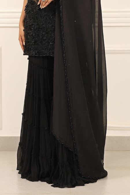 Buy_Omal Sindwani_Black Georgette Embroidery, Beads Scoop Neck Noir Luxe Kurta Gharara Set _Online_at_Aza_Fashions