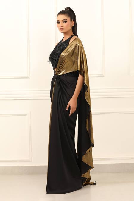 Omal Sindwani_Black Satin Beads, Embroidery Halter Golden Eclipse Draped Saree With Blouse _Online_at_Aza_Fashions