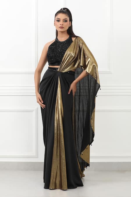 Buy Omal Sindwani Black Satin Beads, Embroidery Halter Golden Eclipse Draped Saree With Blouse Online at Aza Fashions Buy_Omal Sindwani_Black Satin Beads, Embroidery Halter Golden Eclipse Draped Saree With Blouse _Online_at_Aza_Fashions