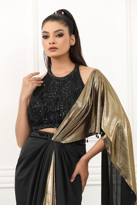 Shop_Omal Sindwani_Black Satin Beads, Embroidery Halter Golden Eclipse Draped Saree With Blouse _Online_at_Aza_Fashions