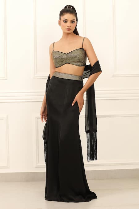Omal Sindwani Black Metallic Blouse Skirt Set 