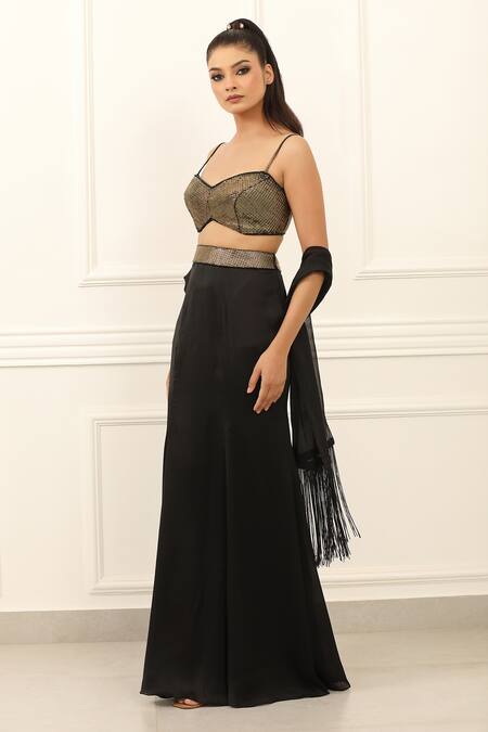 Omal Sindwani_Gold Satin Fringe, Tassels Sweetheart Neck Black Metallic Blouse Skirt Set _Online_at_Aza_Fashions