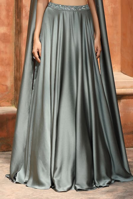 Omal Sindwani_Green Satin Mirrors, Stones Square Neck, Scoop Sage Royal Lehenga With Blouse _Online_at_Aza_Fashions