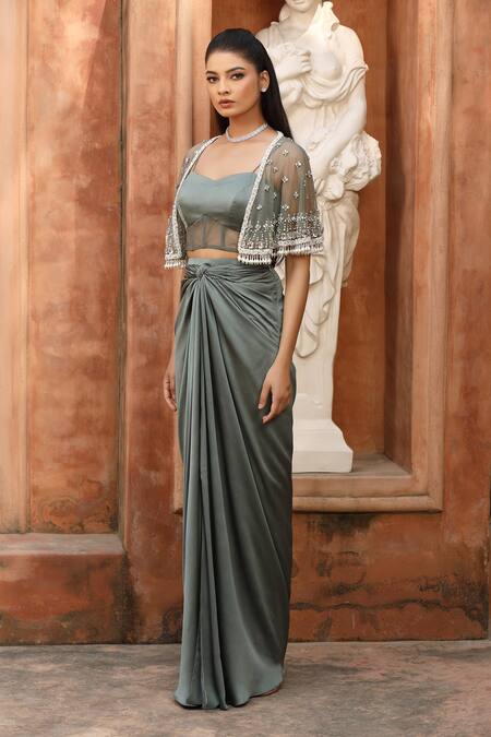Shop_Omal Sindwani_Green Satin Sweetheart , Open Sage Charm Cape Skirt Set _Online_at_Aza_Fashions
