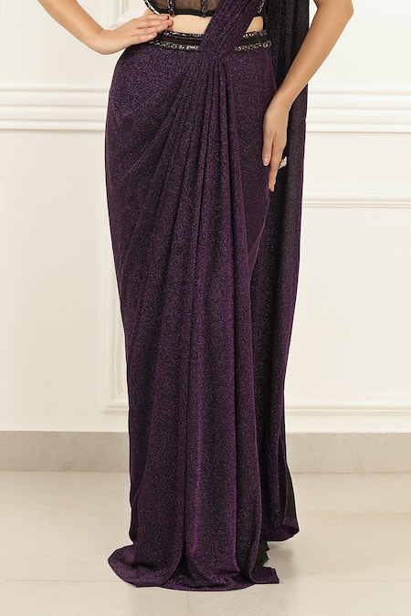 Omal Sindwani_Purple Lycra, Knit Sequins, Beads Moonlight Majesty Draped Saree With Corset _Online_at_Aza_Fashions