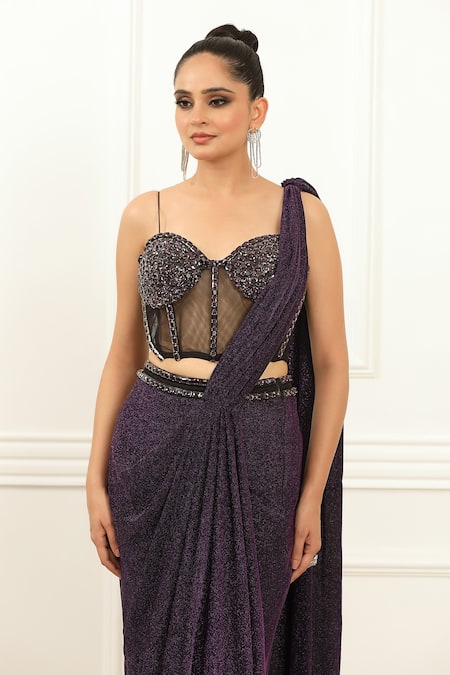 Buy_Omal Sindwani_Purple Lycra, Knit Sequins, Beads Moonlight Majesty Draped Saree With Corset _Online_at_Aza_Fashions
