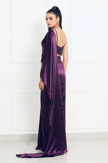 Omal Sindwani_Purple Satin, Net Beads, Embroidery Moonlight Orchid Drape Saree With Blouse _Online_at_Aza_Fashions