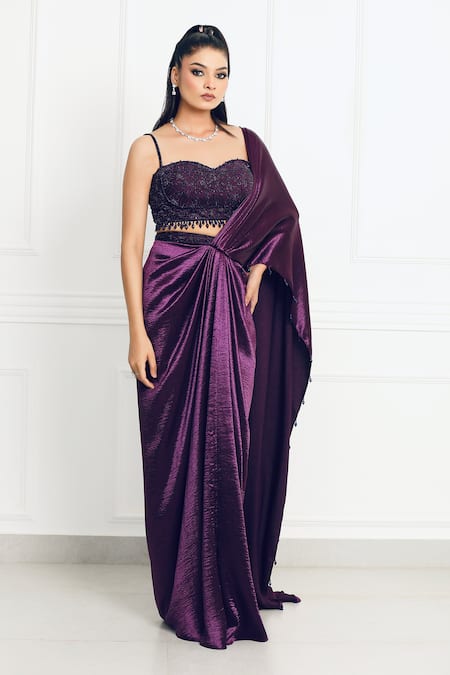 Buy_Omal Sindwani_Purple Satin, Net Beads, Embroidery Moonlight Orchid Drape Saree With Blouse _Online_at_Aza_Fashions