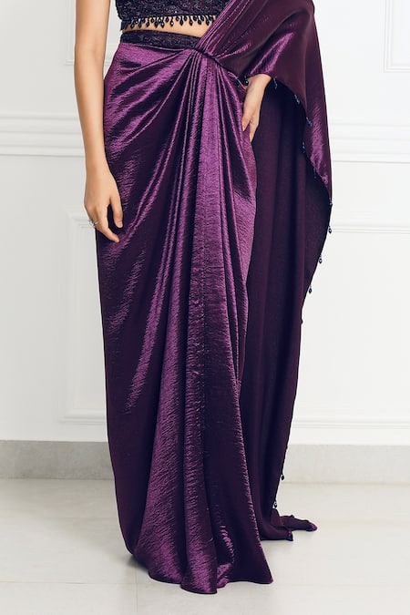 Shop_Omal Sindwani_Purple Satin, Net Beads, Embroidery Moonlight Orchid Drape Saree With Blouse _Online_at_Aza_Fashions