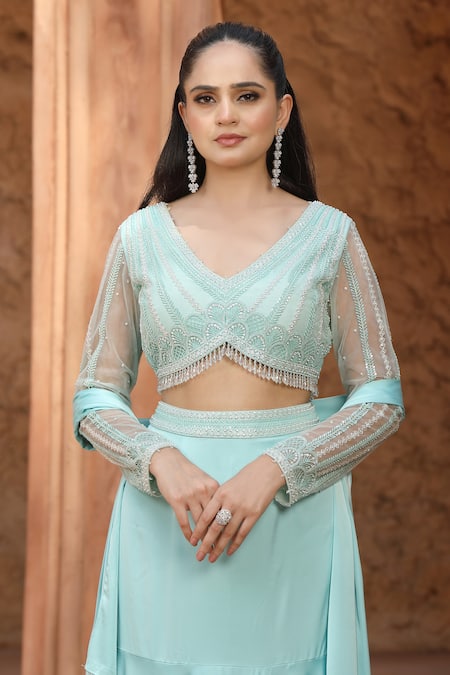 Omal Sindwani_Aqua Satin Sequins, Beads, Embroidery, Tassels V-neck Glow Blouse Skirt Set _Online_at_Aza_Fashions
