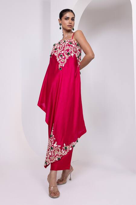 Buy_Oshi By Shikha_Pink Silk Embroidery, Beads, Metallic Thread, Zari One Shoulder Tunic And Pant Set _Online_at_Aza_Fashions