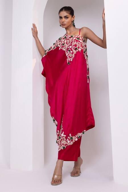 Shop_Oshi By Shikha_Pink Silk Embroidery, Beads, Metallic Thread, Zari One Shoulder Tunic And Pant Set _Online_at_Aza_Fashions