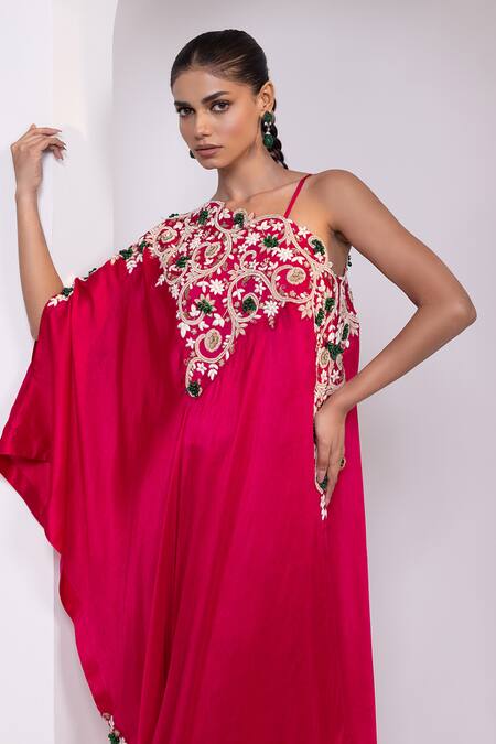 Buy_Oshi By Shikha_Pink Silk Embroidery, Beads, Metallic Thread, Zari One Shoulder Tunic And Pant Set 