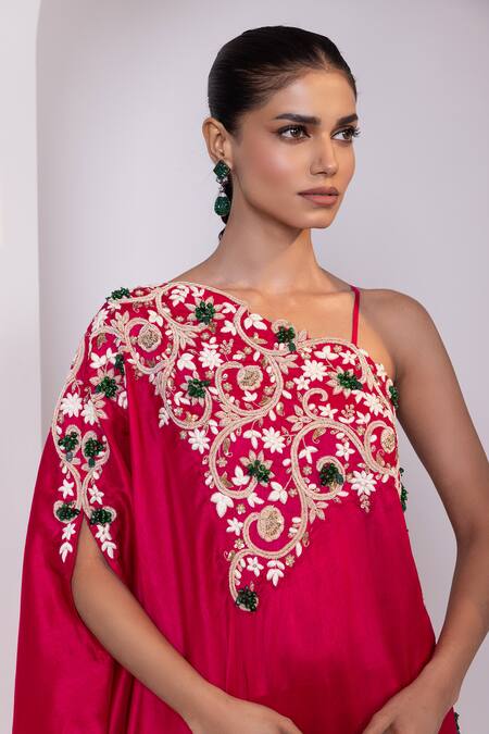 Shop_Oshi By Shikha_Pink Silk Embroidery, Beads, Metallic Thread, Zari One Shoulder Tunic And Pant Set 