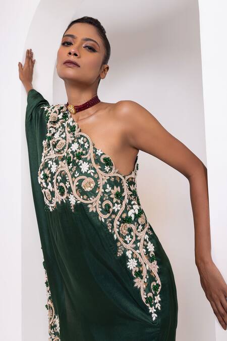 Buy_Oshi By Shikha_Green Silk Embroidery, Zari, Beads One Shoulder Tunic And Pant Set _Online_at_Aza_Fashions