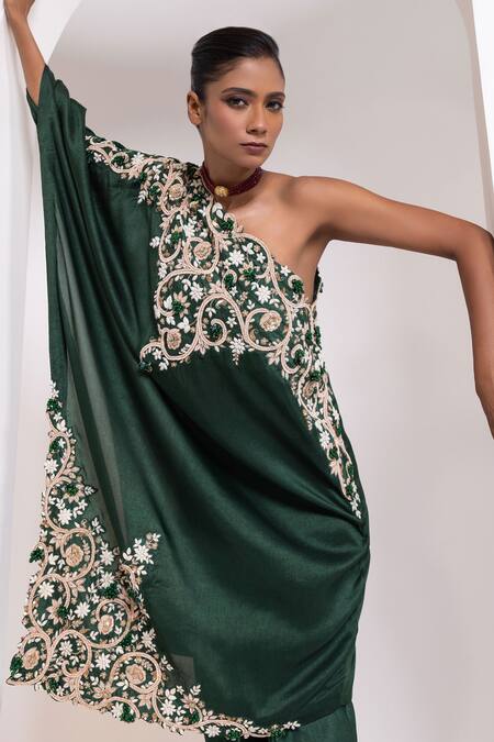 Shop_Oshi By Shikha_Green Silk Embroidery, Zari, Beads One Shoulder Tunic And Pant Set _Online_at_Aza_Fashions