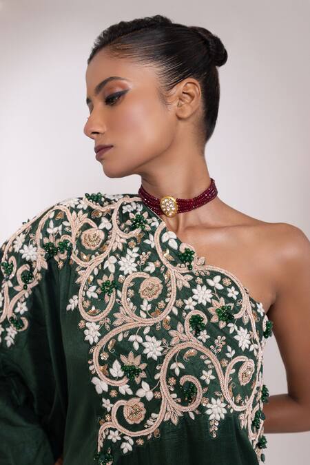Oshi By Shikha_Green Silk Embroidery, Zari, Beads One Shoulder Tunic And Pant Set _at_Aza_Fashions