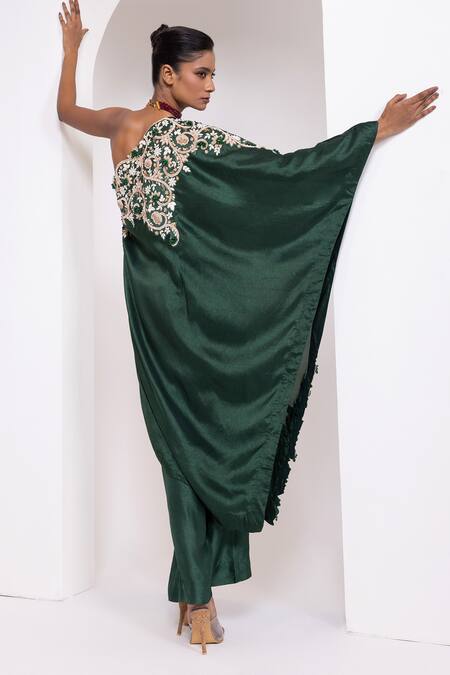 Oshi By Shikha_Green Silk Embroidery, Zari, Beads One Shoulder Tunic And Pant Set _Online_at_Aza_Fashions